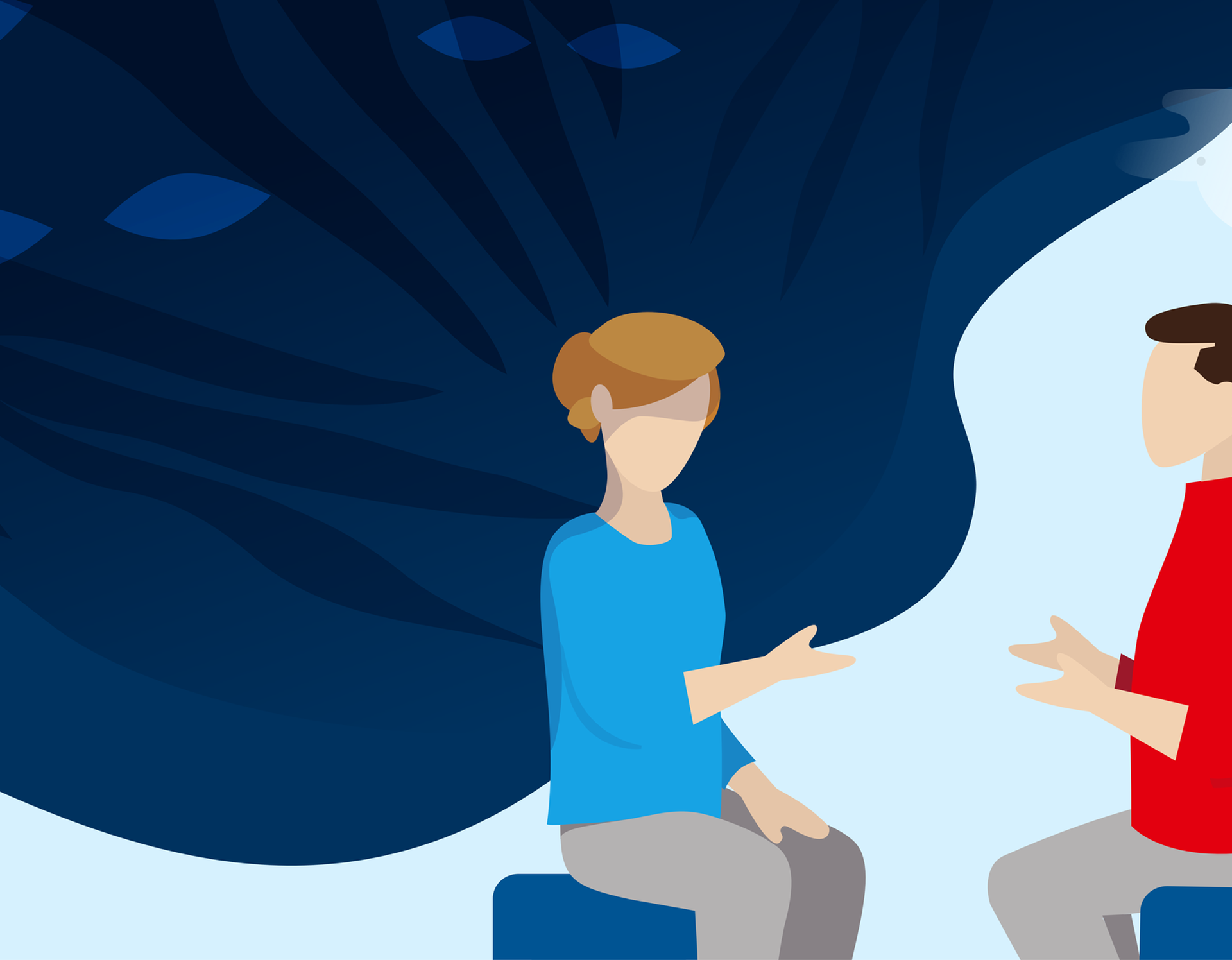 Illustration einer Frau, die mit einem Mann spricht. Im Hintergrund erscheint eine blaue wolkenartige Form.