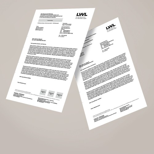 Zwei Beispiel-Briefbögen im LWL-Corporate Design nebeneinander.