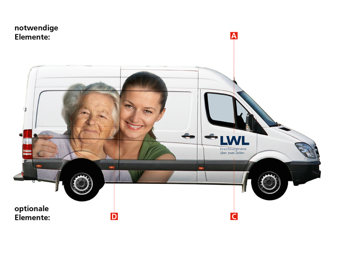 LWL-Dienstwagenbeschriftung (Sprinter) einer LWL-Einrichtung mit Bildmotiv (vergrößerte Bildansicht wird geöffnet)