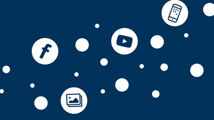 Grafik mit weißen Kreisen auf dunkelblauen Hintergrund. In einigen Kreisen sind Social-Media-Icons, wie z.B. die von Facebook und YouTube.
