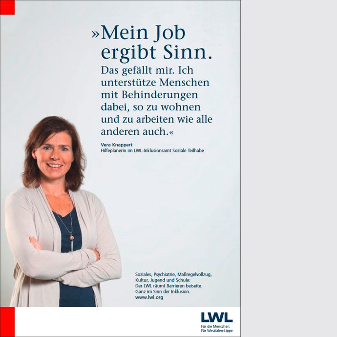 LWL-Imageanzeige Fachbereich Soziales mit einem formatfüllendem Foto einer Frau und dem großen Titel "Mein Job ergibt Sinn." (öffnet vergrößerte Bildansicht)