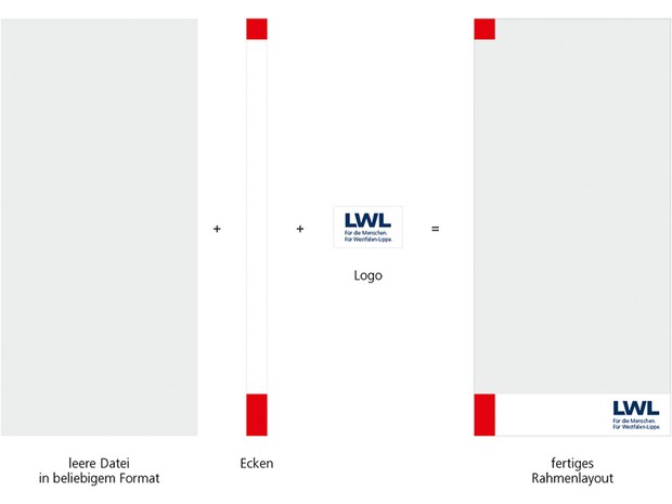 Beispiel für den Aufbau des Rahmenlayouts: leere Datei, rote Ecken und LWL-Logo mit Claim.
