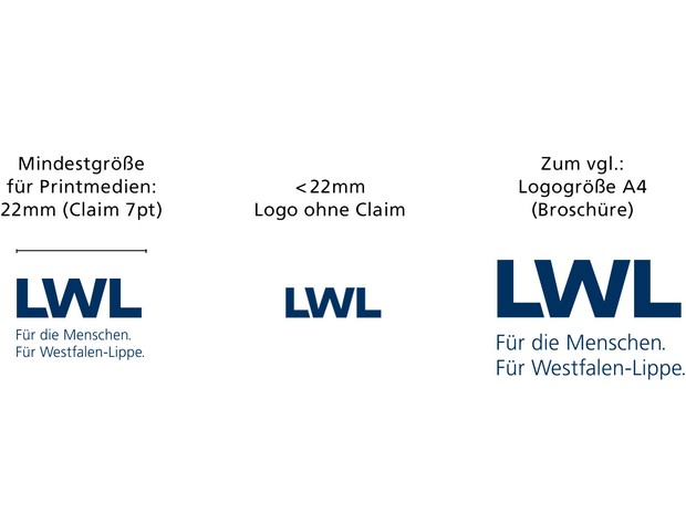 Das LWL-Logo in drei verschiedenen Größen und Ausführungen (z.B. ohne Claim "Für die Menschen. Für Westfalen-Lippe."