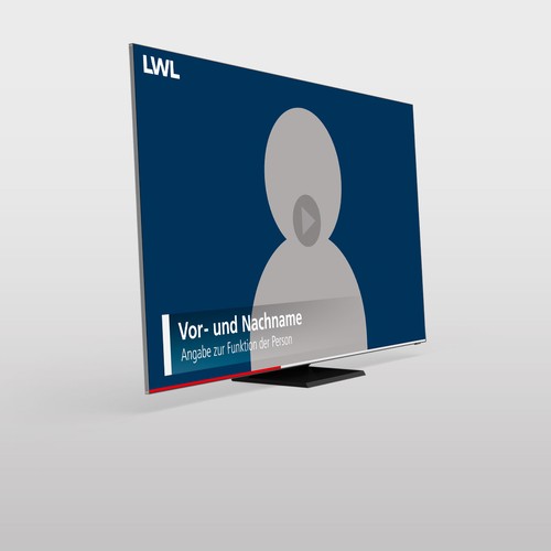 Ein großer Bildschirm, der ein Beispiel für das LWL-Corporate Design bei Videos zeigt. Eine Personen-Grafik mit entsprechender Einblende zum Namen.