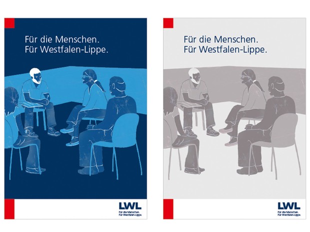 Layout mit roten Ecken für ein Beispiel-Magazin mit einer Grafik auf dem Cover und dem Titel: Für die Menschen. Für Westfalen-Lippe.