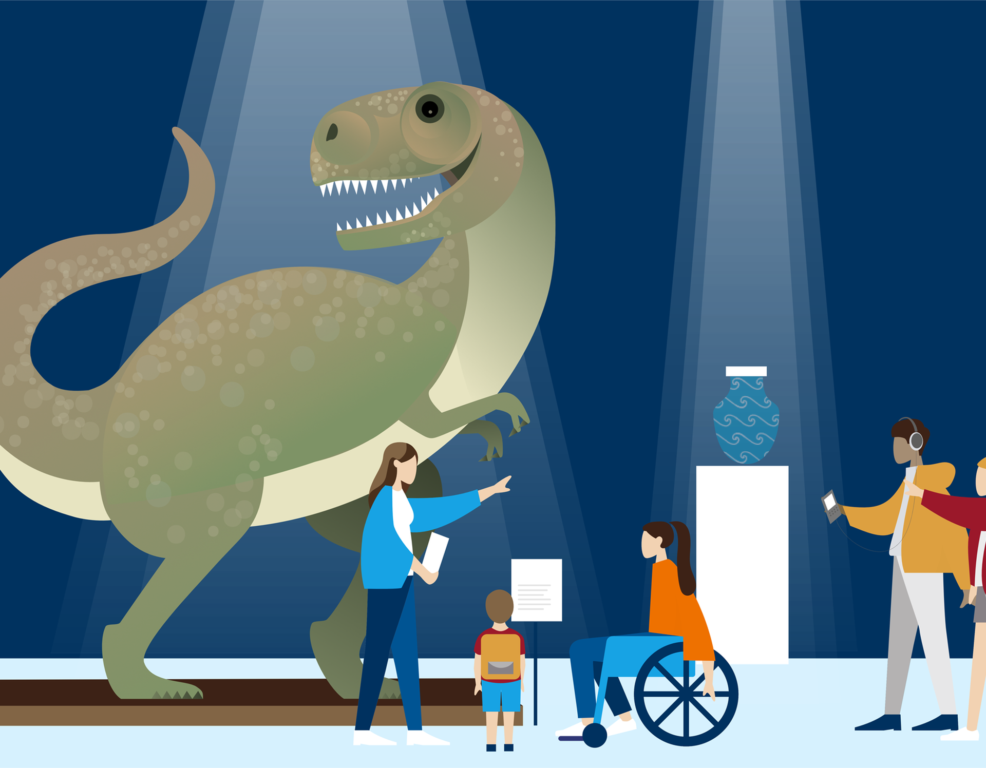 Illustration eines Museumsrundgangs mit mehreren Personen, die vor einer Dinosaurier-Figur stehen.