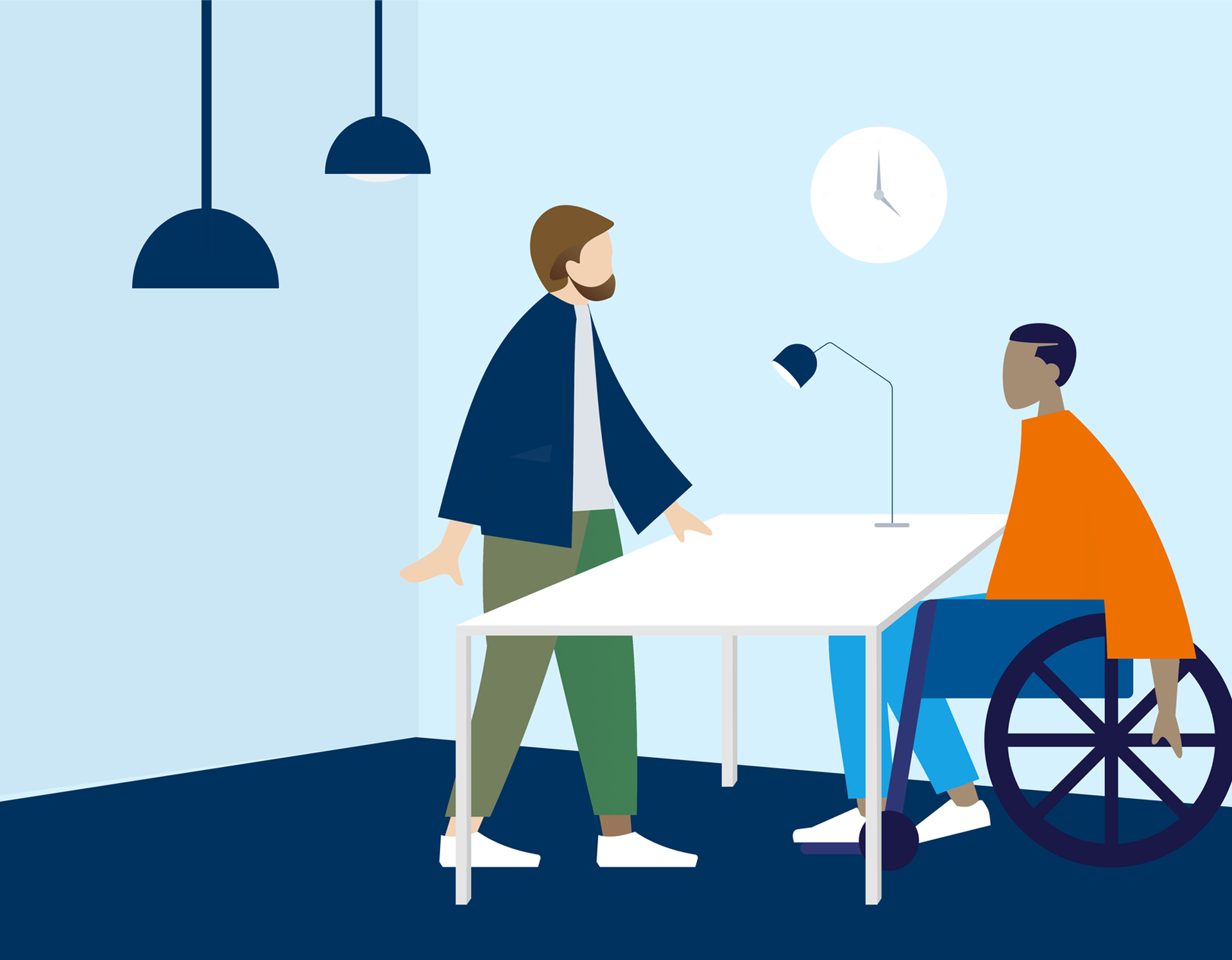 Illustration zweier Personen, die miteinander sprechen. Eine Person sitzt in einem Rollstuhl.