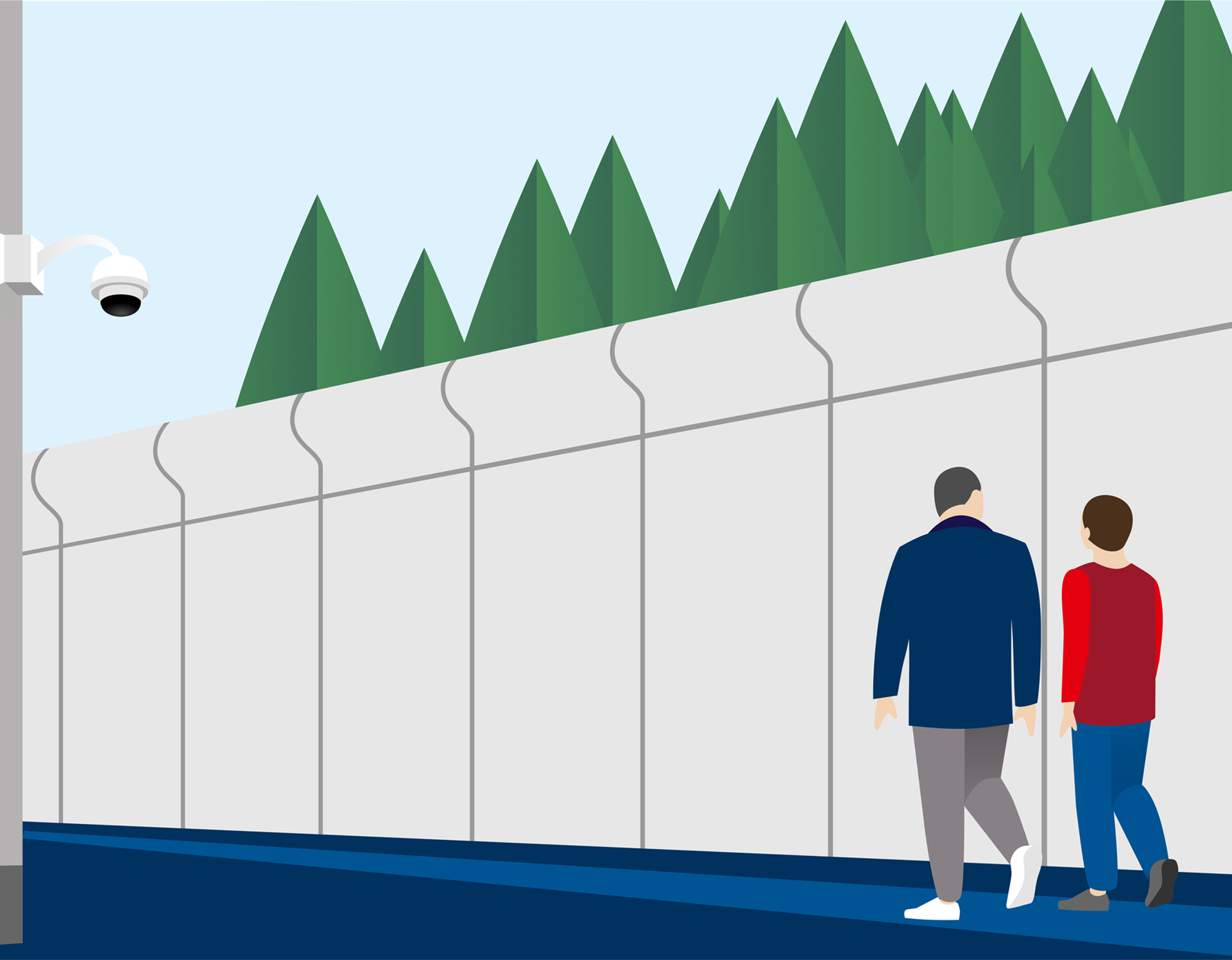 Illustration zweier Personen, die an einer hohen Mauer vorbeigehen, die kameraüberwacht ist.