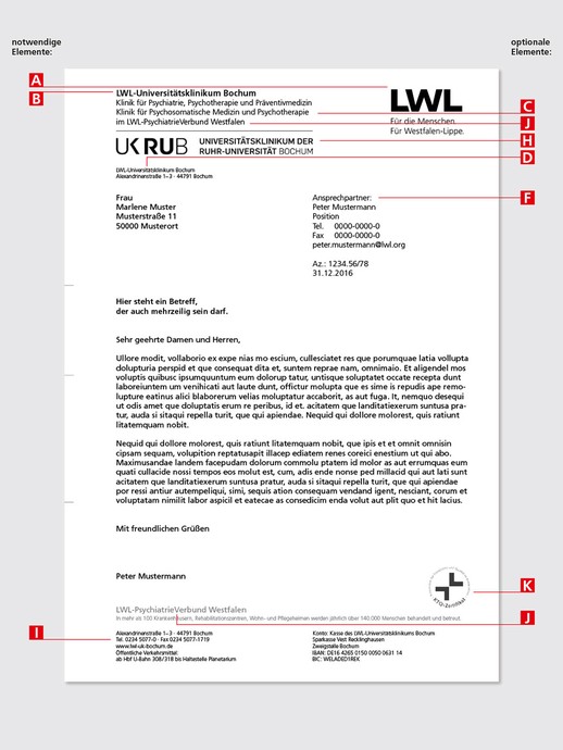 Elemente des Briefbogens am Beispiel LWL-Universitätsklinikum Bochum (öffnet vergrößerte Bildansicht)