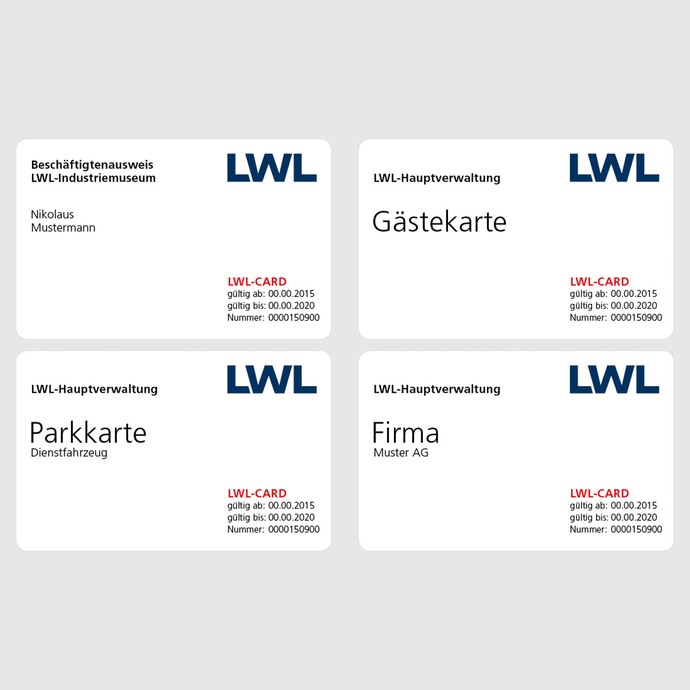 Vier verschiedene Beispiele für LWL-Cards, z.B. Parkkate, Gästekarte, Firmenkarte und Beschäftigtenausweis. (öffnet vergrößerte Bildansicht)