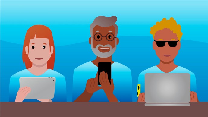 Grafik mit drei Menschen nebeneinander, die digitale Geräte in den Händen halten, z. B. ein Tablet, ein Hany und einen Laptop.