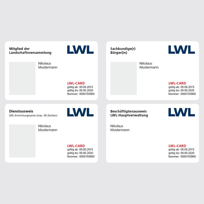 Vier Beispiele für LWL-Cards (Vorderseite). Drei mit Platzhalter für ein Bild, eine ohne. (öffnet vergrößerte Bildansicht)