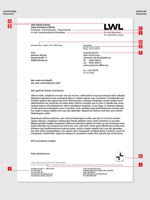 Elemente des Briefbogens am Beispiel LWL-Klinik Hemer (öffnet vergrößerte Bildansicht)