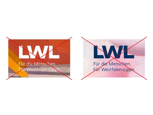 Zwei Beispiele, in denen das LWL-Logo auf unruhigen Hintergrundflächen platziert ist. Sie sind beide durchgestrichen.