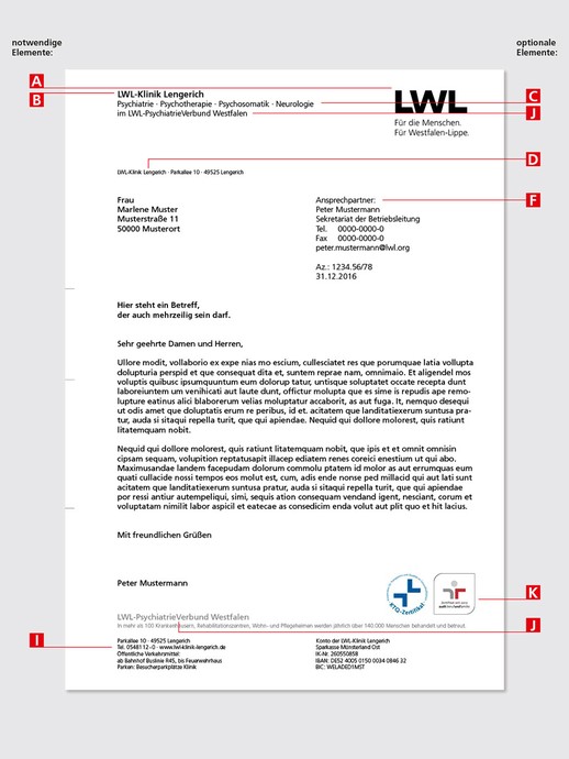 Elemente des Briefbogens am Beispiel LWL-Klinik Lengerich (öffnet vergrößerte Bildansicht)